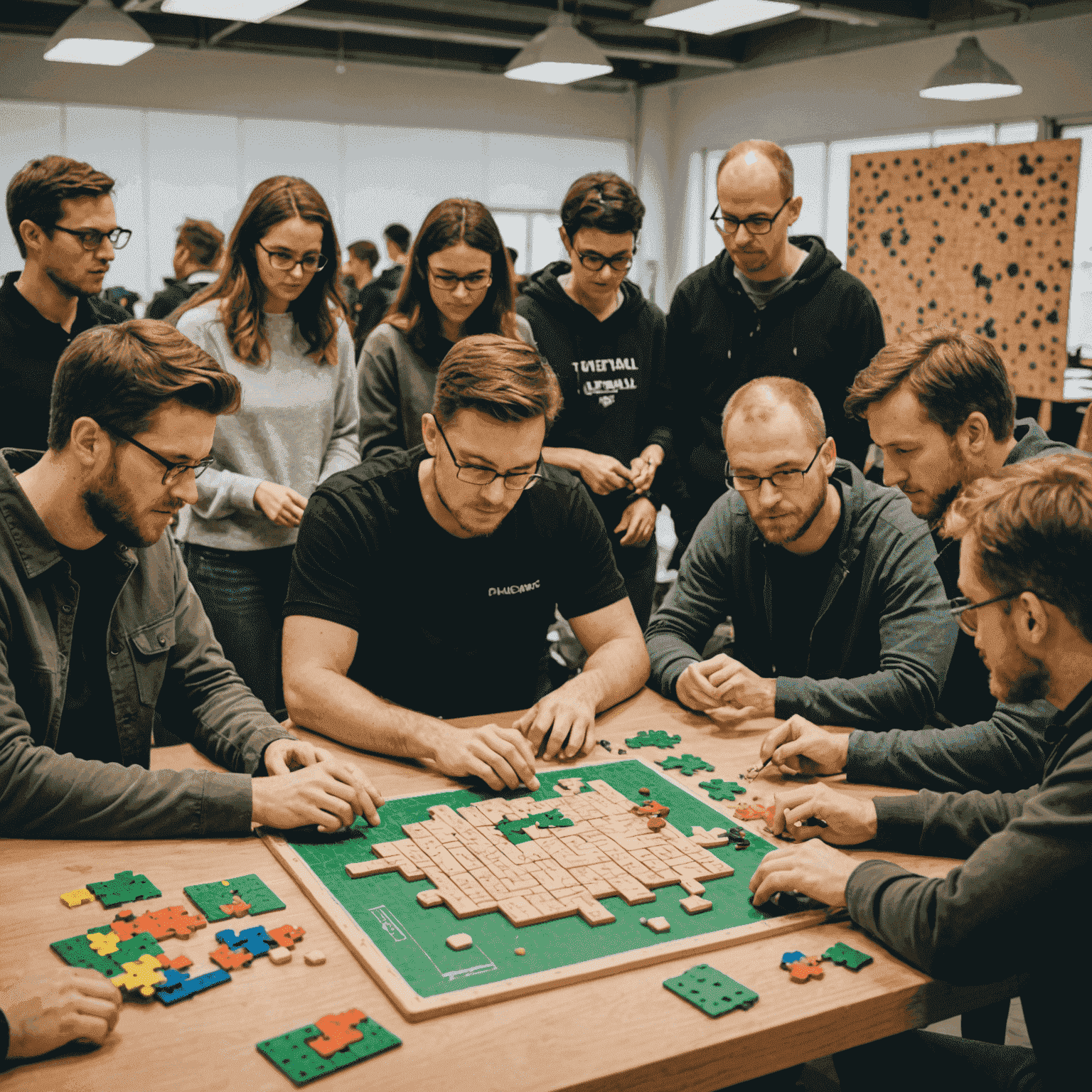 Equipo de plinkothousand trabajando en nuevos diseños de puzles. Se ve un grupo diverso de personas sentadas alrededor de una mesa llena de prototipos de juegos, tableros de Plinko y otros rompecabezas innovadores.