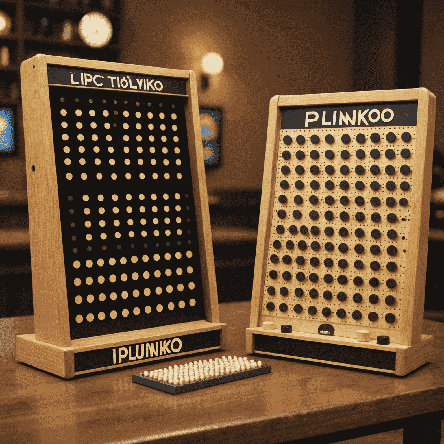 Una imagen que muestra la evolución del juego Plinko desde su aparición en la televisión hasta su versión de mesa. Se ve un tablero de Plinko vintage junto a una versión moderna.