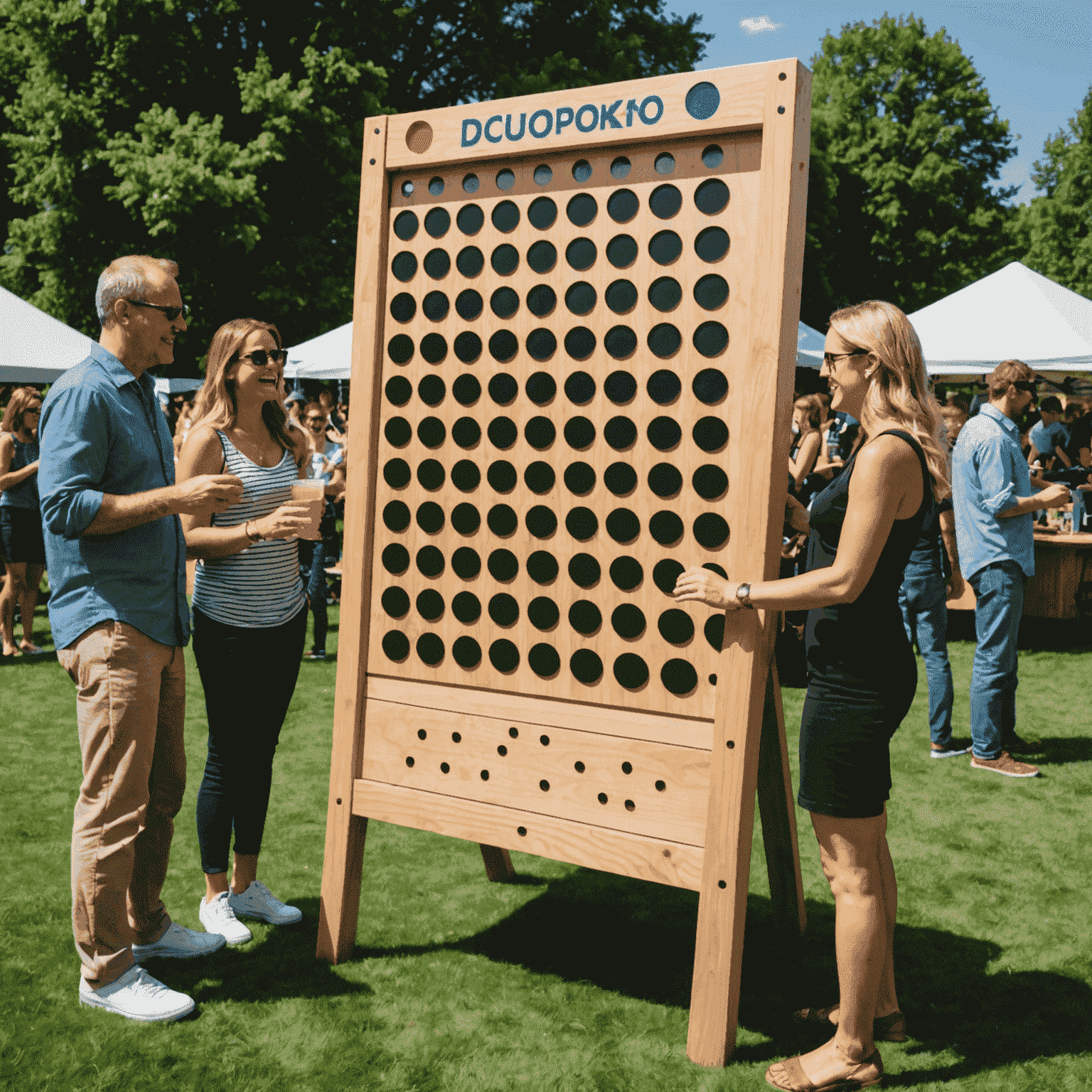 Un Plinko gigante instalado en un evento al aire libre, con personas emocionadas alrededor