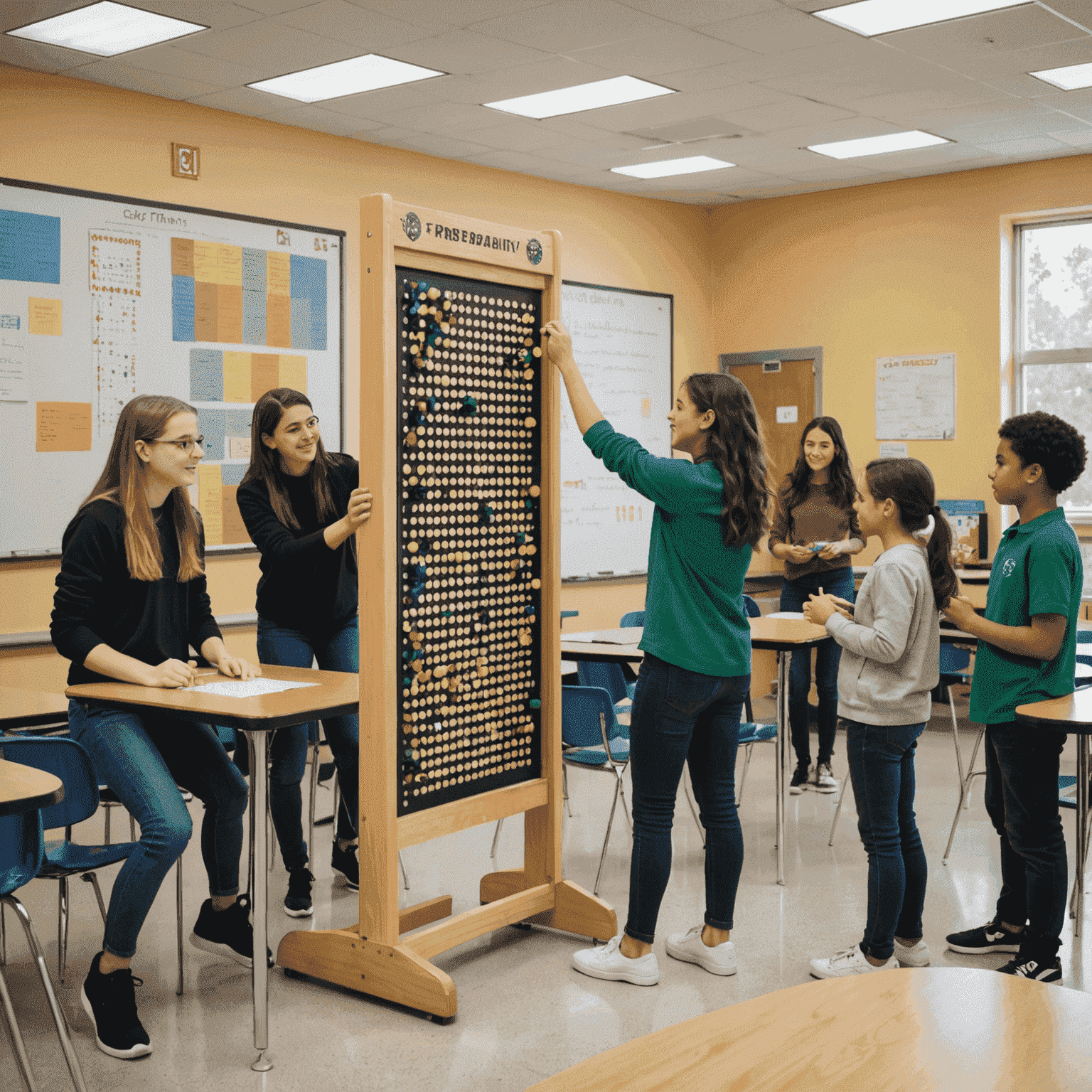 Imagen que muestra a estudiantes utilizando Plinko en un aula para aprender probabilidad y física